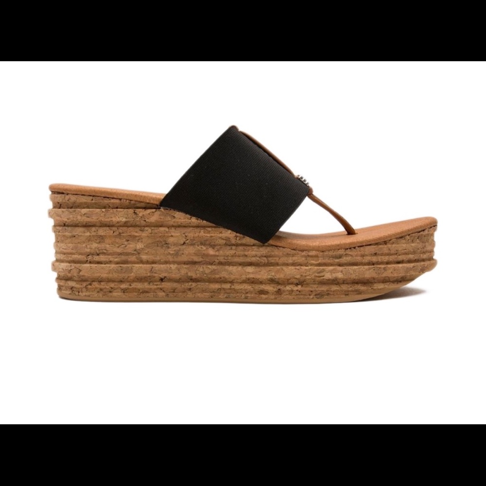 Andre Assous Black and Tan Cork Platform Thong Sandal